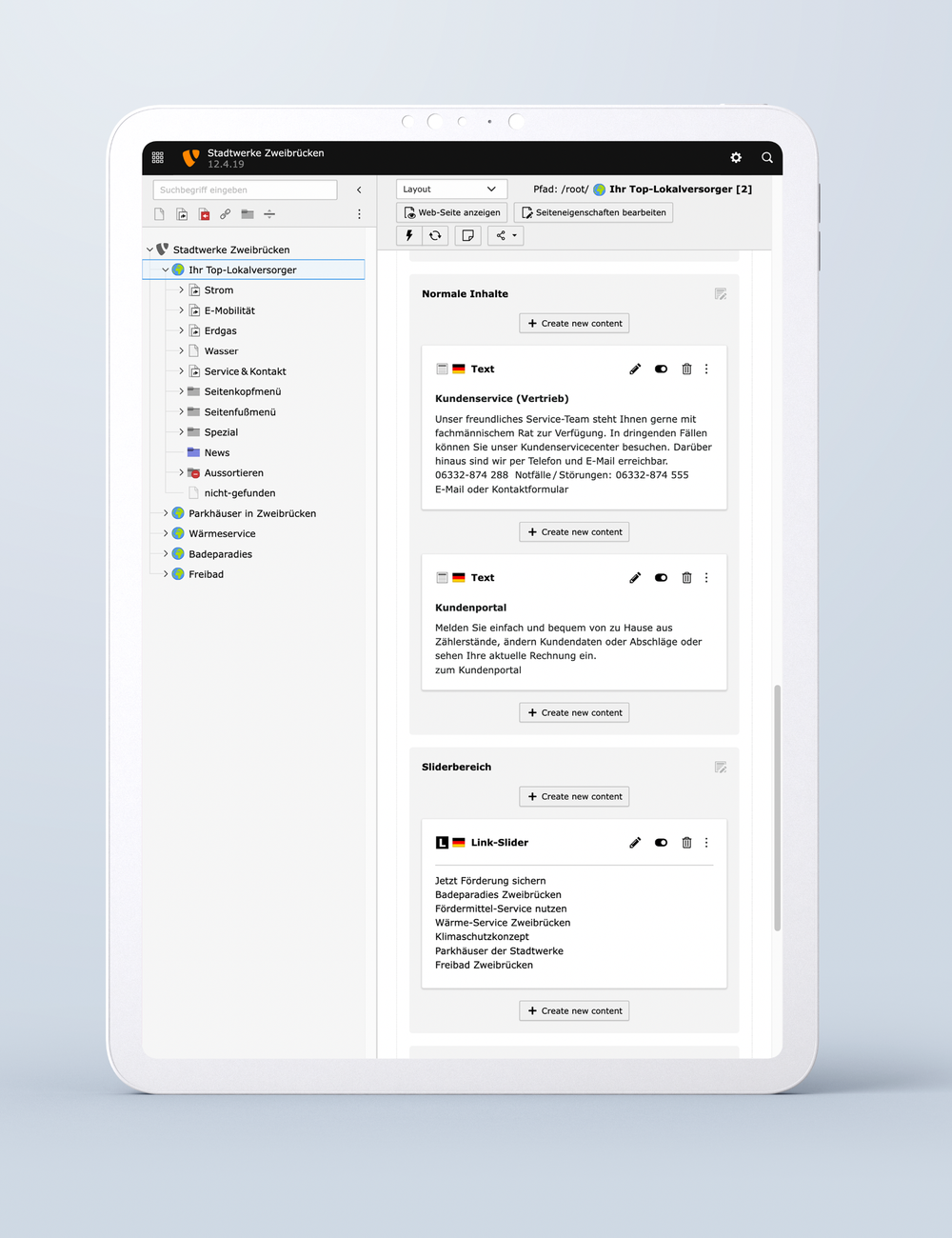 Tablet-Ansicht des TYPO3-Backends mit Seitenbaum und Inhaltselementen