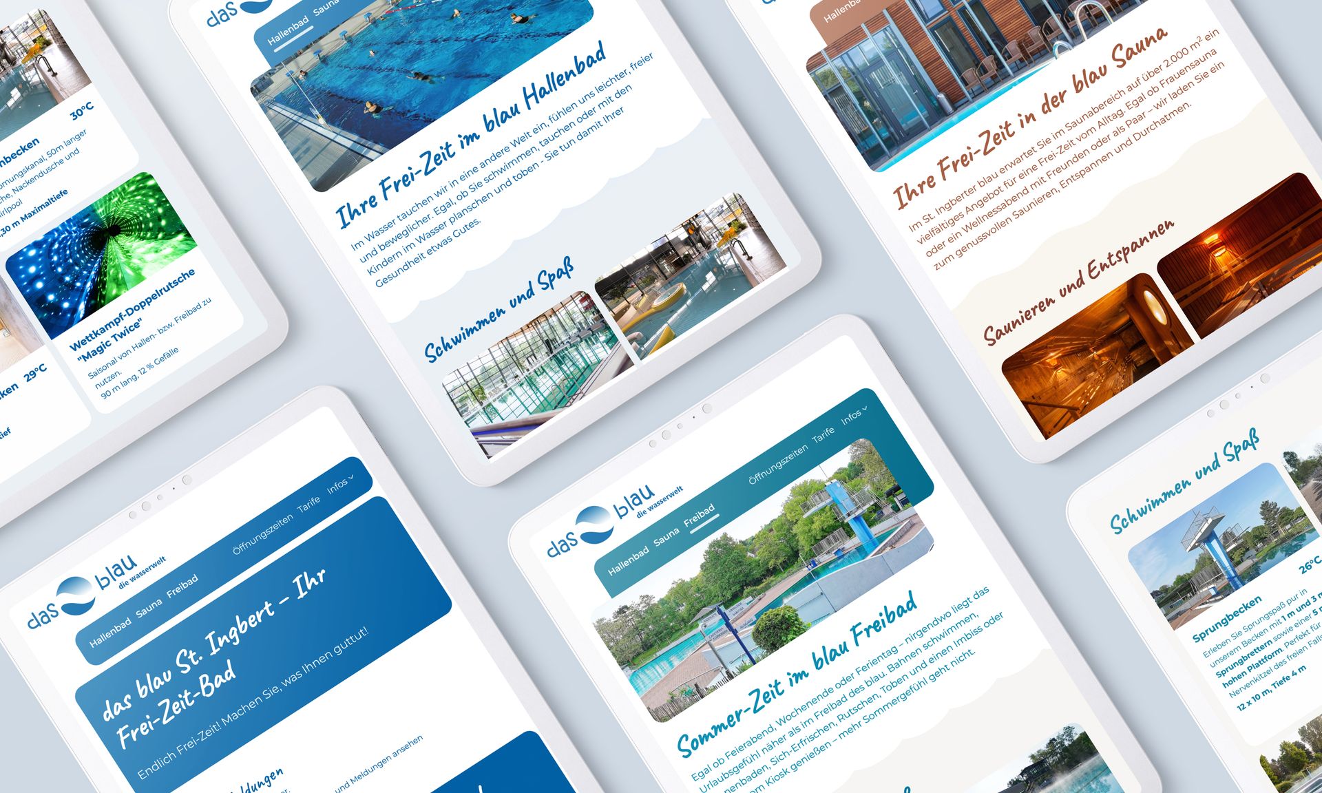 Mehrere Ansichten der Das Blau Website zeigen die verbesserte Pool-Übersicht mit Bildern und Wassertemperaturen