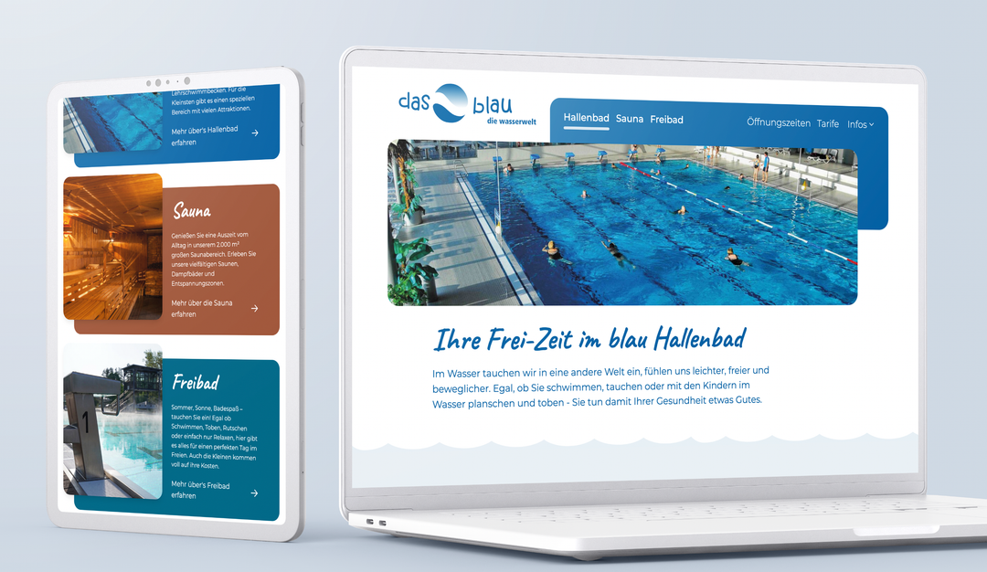 Ein Laptop und ein Tablet zeigen das Webdesign des Freizeit-Bades 'das blau' aus St. Ingbert.