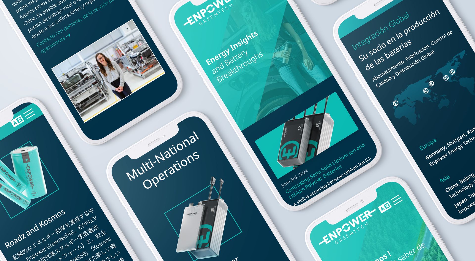 Sechs Smartphone-Ansichten der Enpower-Website in Englisch, Japanisch und Spanisch
