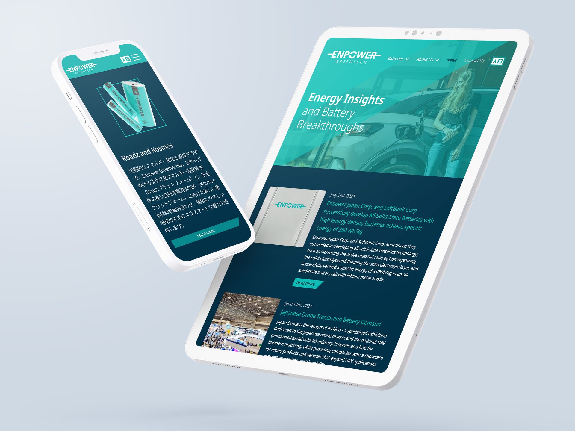 Enpower Greentech Website auf Smartphone und Tablet: japanische Produktseite und englische News-Seite