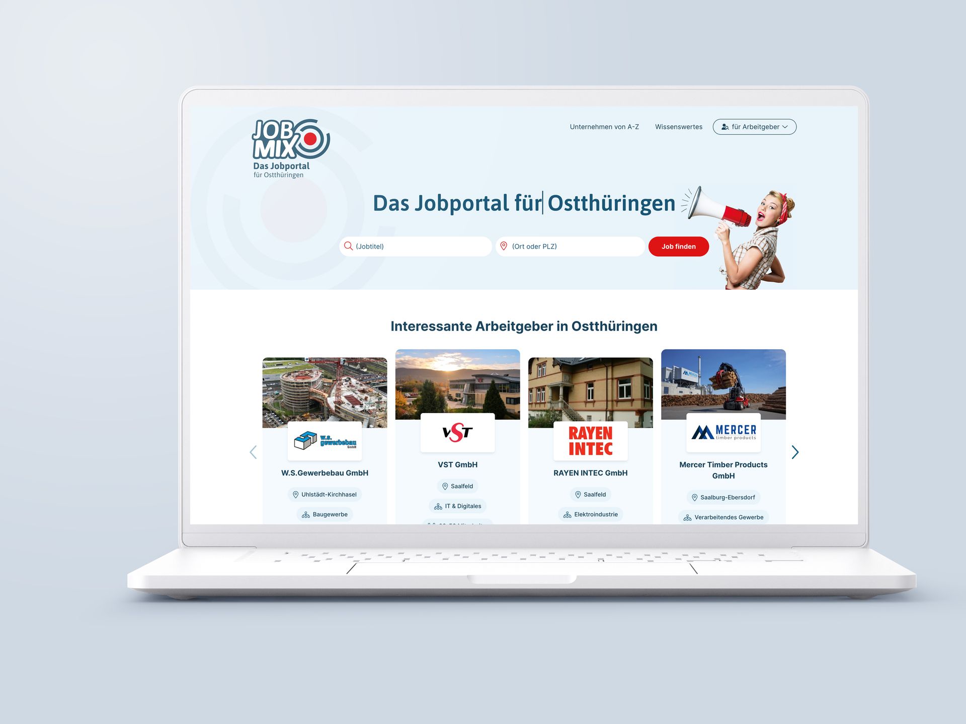 JobMix Startseite auf einem Laptop mit Jobsuche und interessanten Arbeitgebern in Ostthüringen