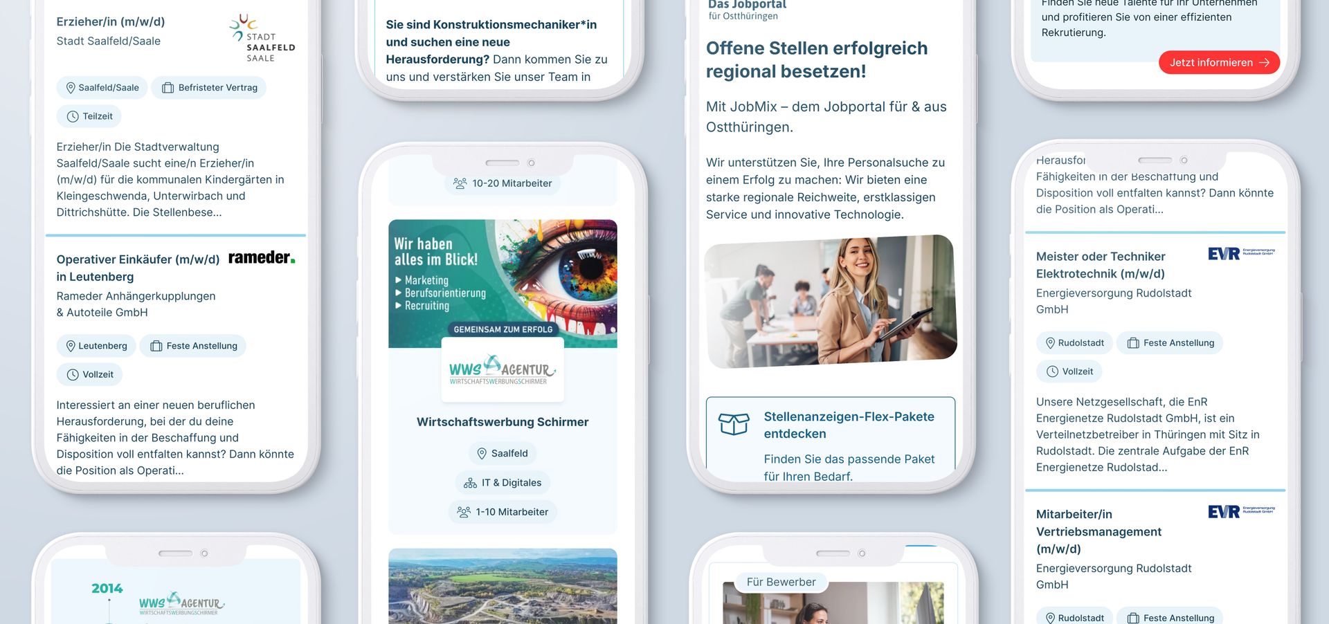 Sechs Smartphone-Ansichten von JobMix: Stellenanzeigen, Unternehmensprofile und Arbeitgeber-Bereich