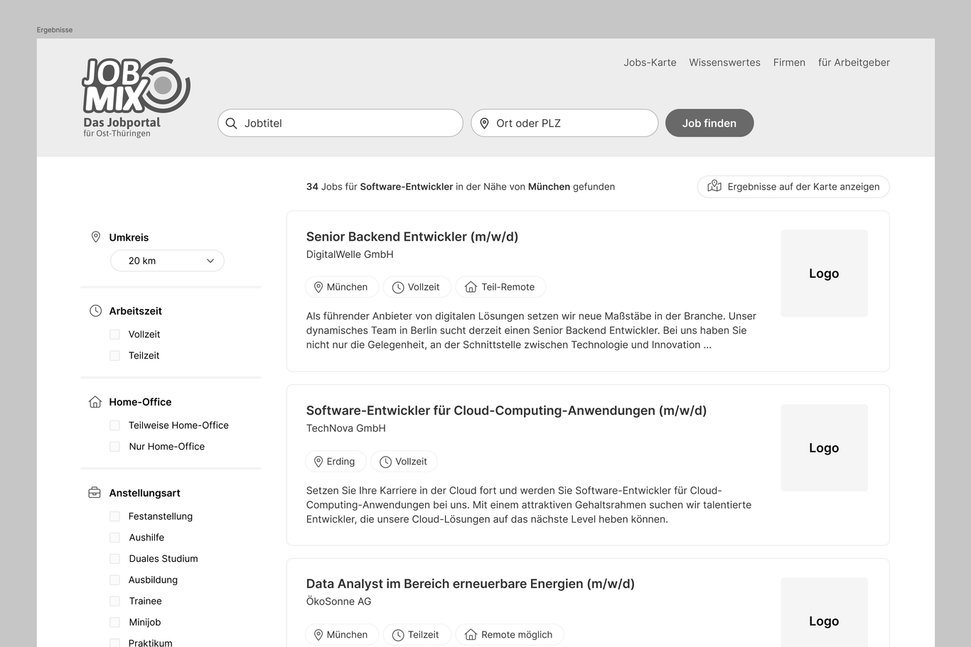 Wireframe der JobMix-Suchergebnisseite mit Filtern und Stellenanzeigen