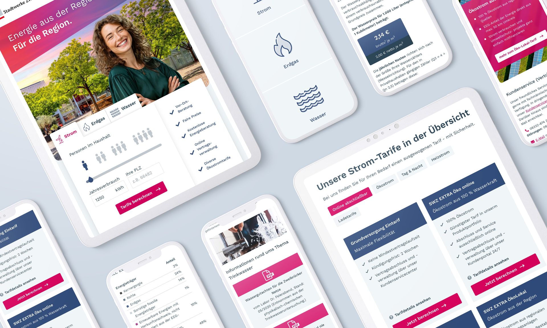Tablet- und Smartphone-Ansichten der Stadtwerke-Website. Unter anderem die Startseite mit Tarifrechner und die Tarif-Übersichtsseite.