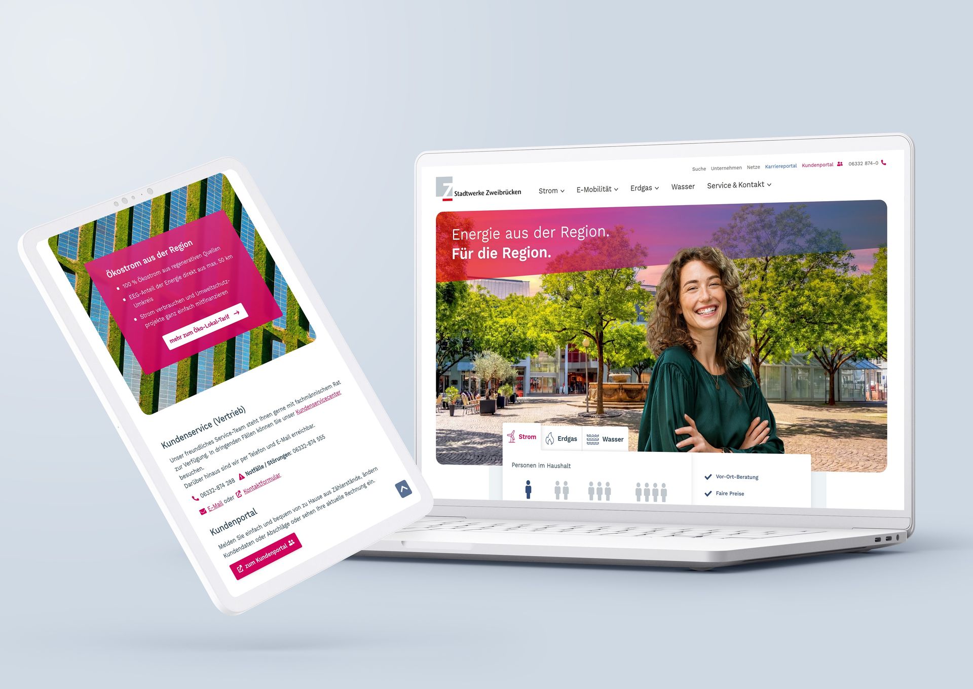 Ein Laptop und ein Tablet zeigen die Startseite der Stadtwerke Zweibrücken Website. Man sieht den Tarifrechner.