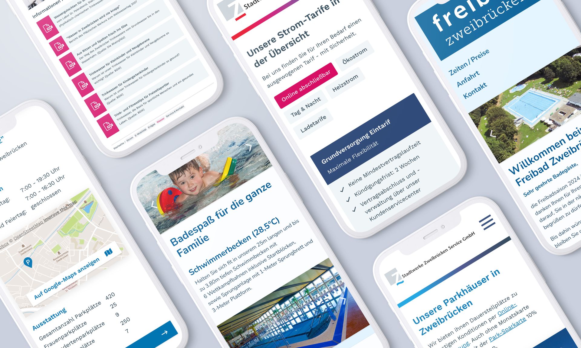 Mehrere Smartphone-Ansichten zeigen verschiedene Websites die den Stadtwerken zugehörig sind. Darunter die Website des Badeparadieses und der Parkhäuser.