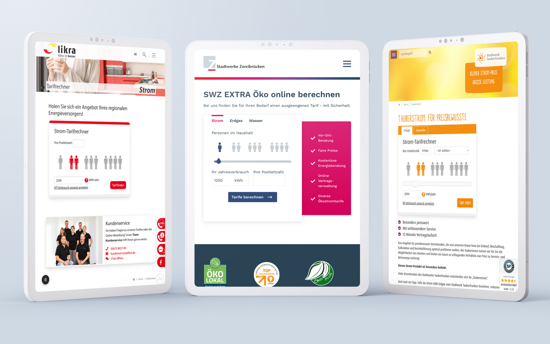 Tablet-Ansichten verschiedener Tarifrechner für Stadtwerke und Energieversorger