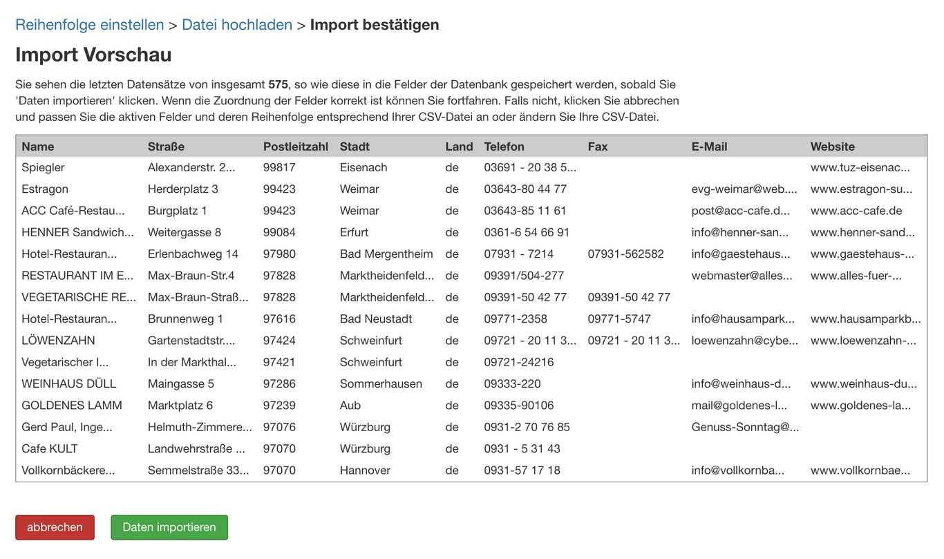CSV import preview with store data before importing