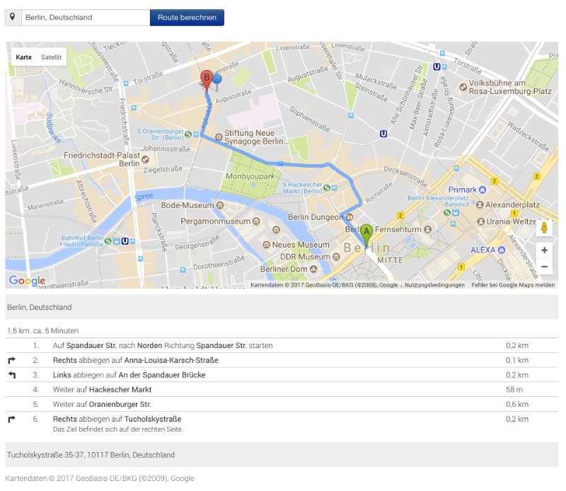 Route planner with map and directions to a store