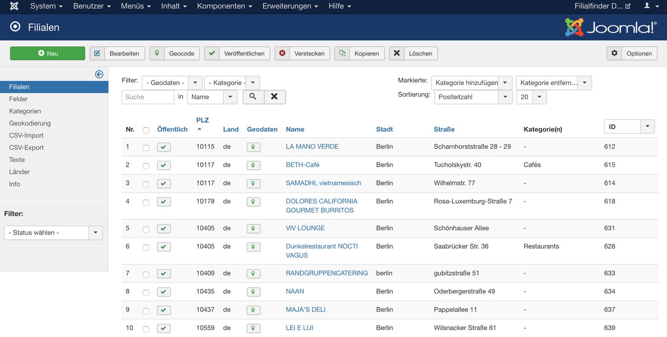 Radius search on the front end: map of Berlin with store markers and a results list sorted by distance
