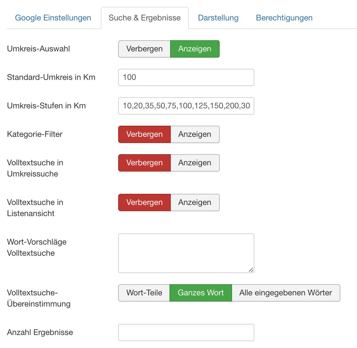Radius search settings: radius selection, category filter and full-text search