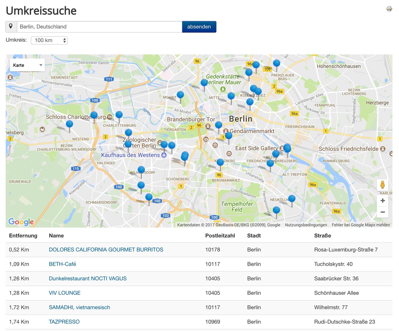 Store management in the Joomla back end with the list of locations